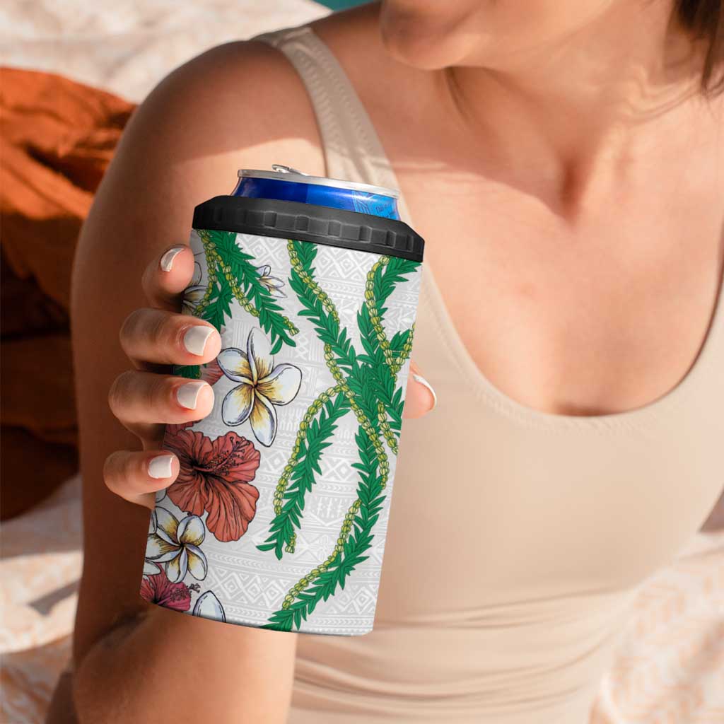 Hawaiian Tropical Flowers and Maile Pikake 4 in 1 Can Cooler Tumbler Polynesian Tribal Pattern White Color LT03 - Polynesian Pride