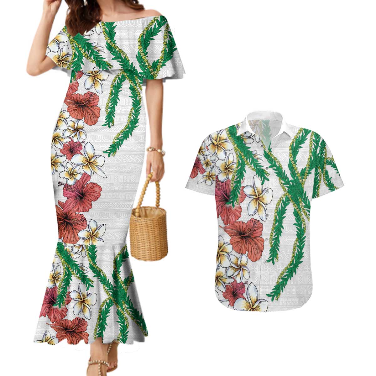 Hawaiian Tropical Flowers and Maile Pikake Couples Matching Mermaid Dress and Hawaiian Shirt Polynesian Tribal Pattern White Color LT03 White - Polynesian Pride