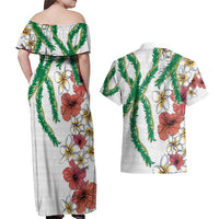 Hawaiian Tropical Flowers and Maile Pikake Couples Matching Off Shoulder Maxi Dress and Hawaiian Shirt Polynesian Tribal Pattern White Color LT03 - Polynesian Pride