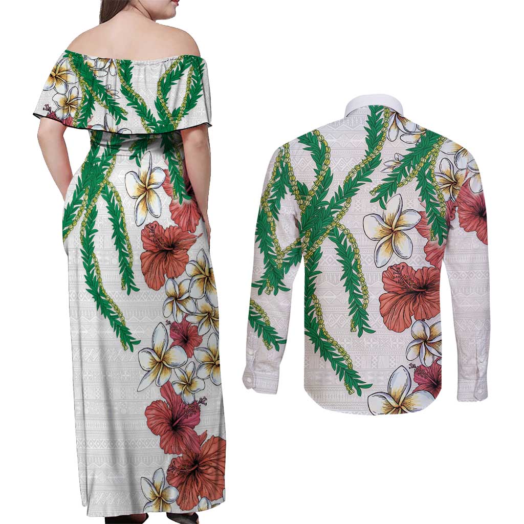 Hawaiian Tropical Flowers and Maile Pikake Couples Matching Off Shoulder Maxi Dress and Long Sleeve Button Shirt Polynesian Tribal Pattern White Color