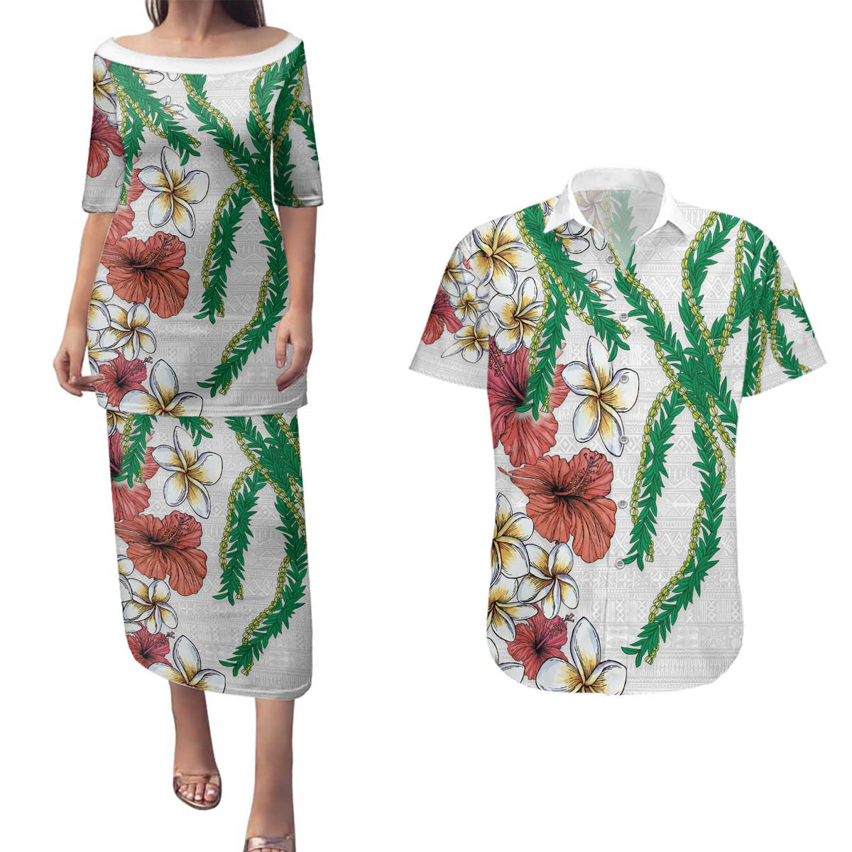 Hawaiian Tropical Flowers and Maile Pikake Couples Matching Puletasi and Hawaiian Shirt Polynesian Tribal Pattern White Color LT03 White - Polynesian Pride