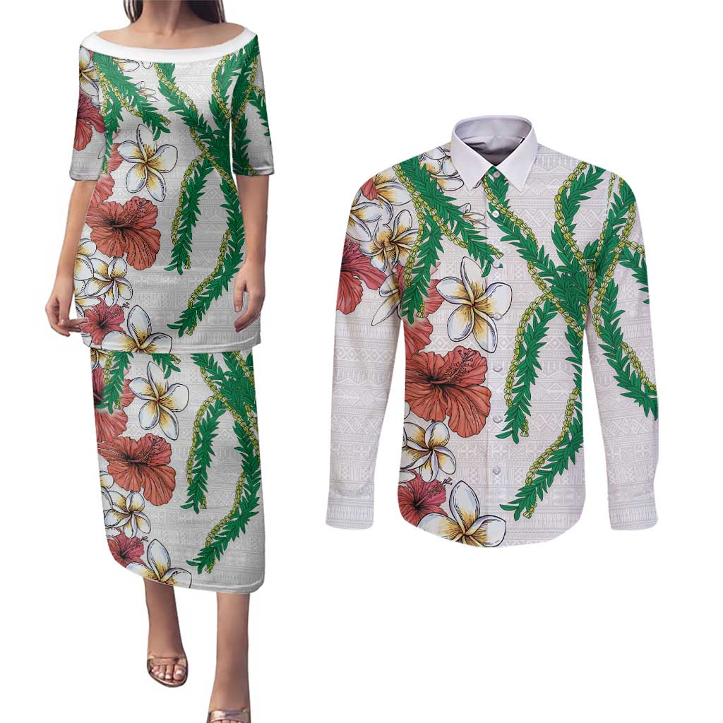 Hawaiian Tropical Flowers and Maile Pikake Couples Matching Puletasi and Long Sleeve Button Shirt Polynesian Tribal Pattern White Color LT03 White - Polynesian Pride