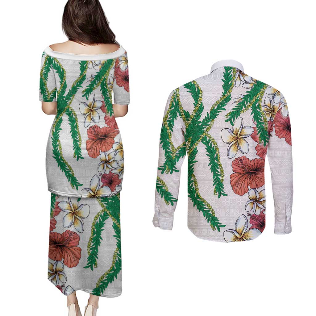 Hawaiian Tropical Flowers and Maile Pikake Couples Matching Puletasi and Long Sleeve Button Shirt Polynesian Tribal Pattern White Color LT03 - Polynesian Pride
