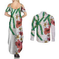 Hawaiian Tropical Flowers and Maile Pikake Couples Matching Summer Maxi Dress and Long Sleeve Button Shirt Polynesian Tribal Pattern White Color