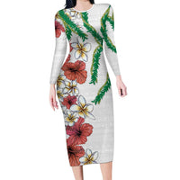 Hawaiian Tropical Flowers and Maile Pikake Family Matching Long Sleeve Bodycon Dress and Hawaiian Shirt Polynesian Tribal Pattern White Color