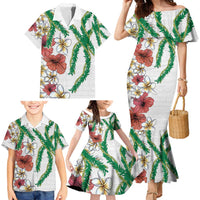 Hawaiian Tropical Flowers and Maile Pikake Family Matching Mermaid Dress and Hawaiian Shirt Polynesian Tribal Pattern White Color LT03 - Polynesian Pride
