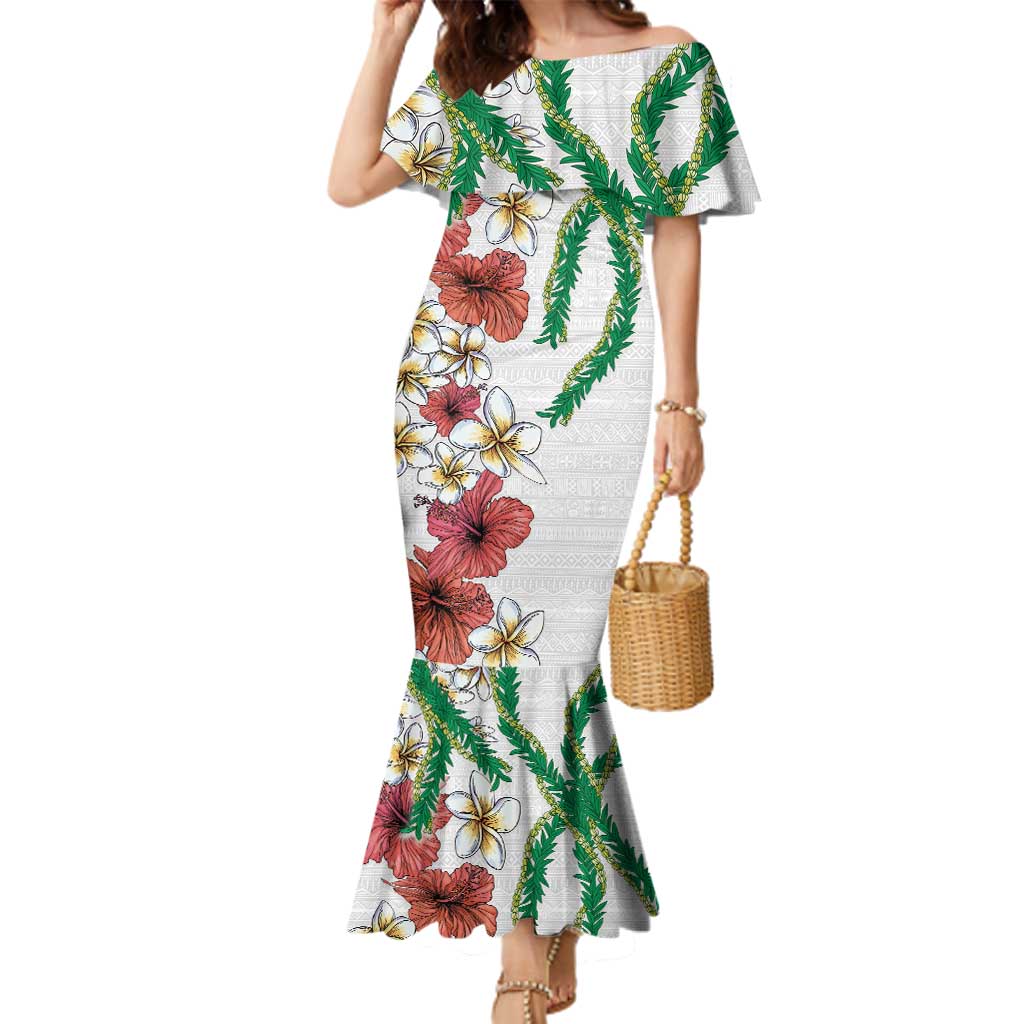 Hawaiian Tropical Flowers and Maile Pikake Family Matching Mermaid Dress and Hawaiian Shirt Polynesian Tribal Pattern White Color LT03 Mom's Dress White - Polynesian Pride