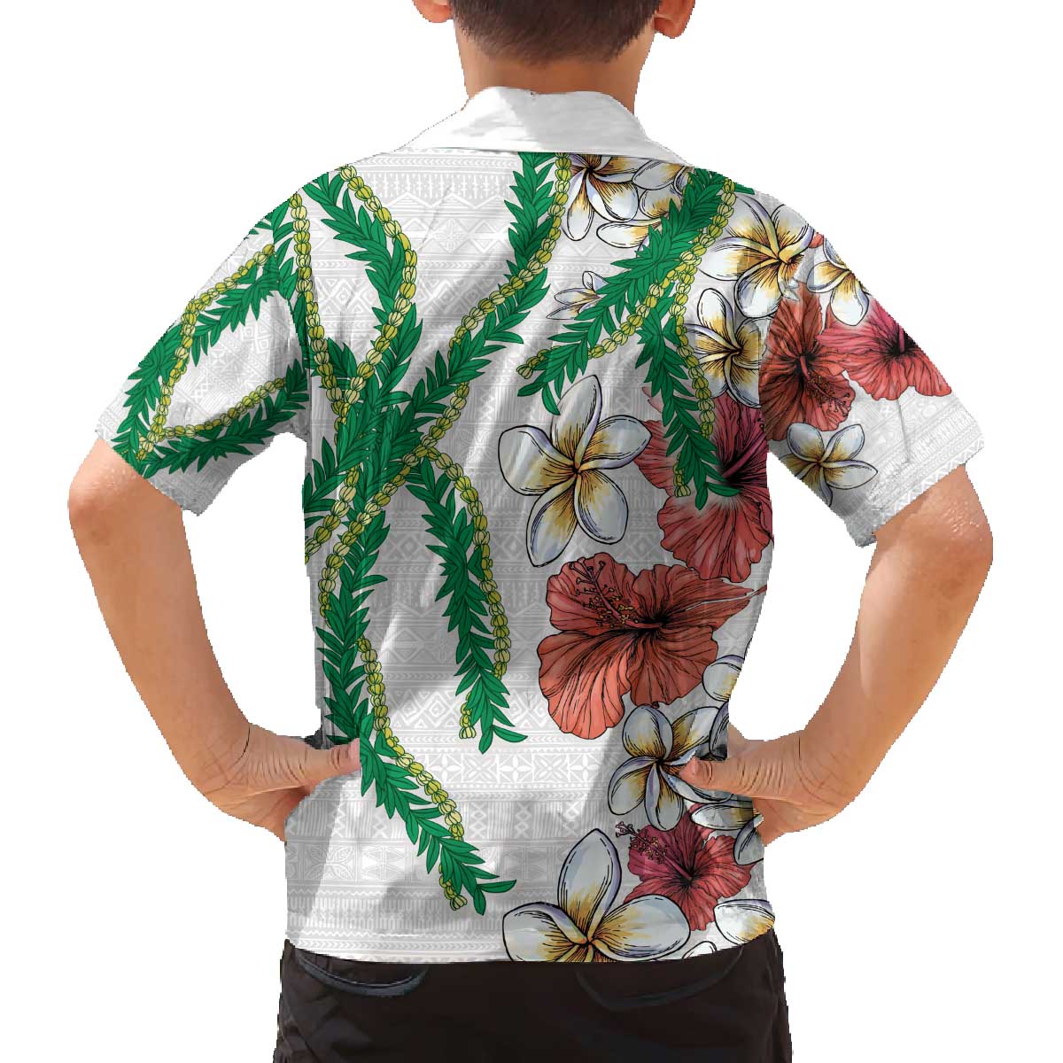 Hawaiian Tropical Flowers and Maile Pikake Family Matching Off The Shoulder Long Sleeve Dress and Hawaiian Shirt Polynesian Tribal Pattern White Color LT03 - Polynesian Pride