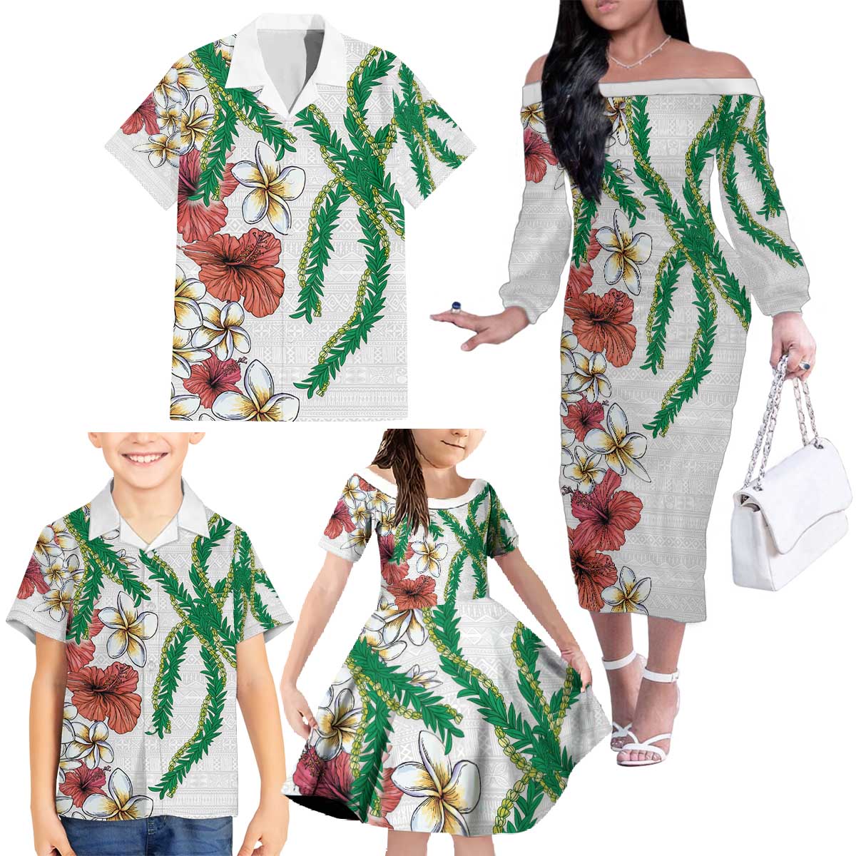 Hawaiian Tropical Flowers and Maile Pikake Family Matching Off The Shoulder Long Sleeve Dress and Hawaiian Shirt Polynesian Tribal Pattern White Color LT03 - Polynesian Pride