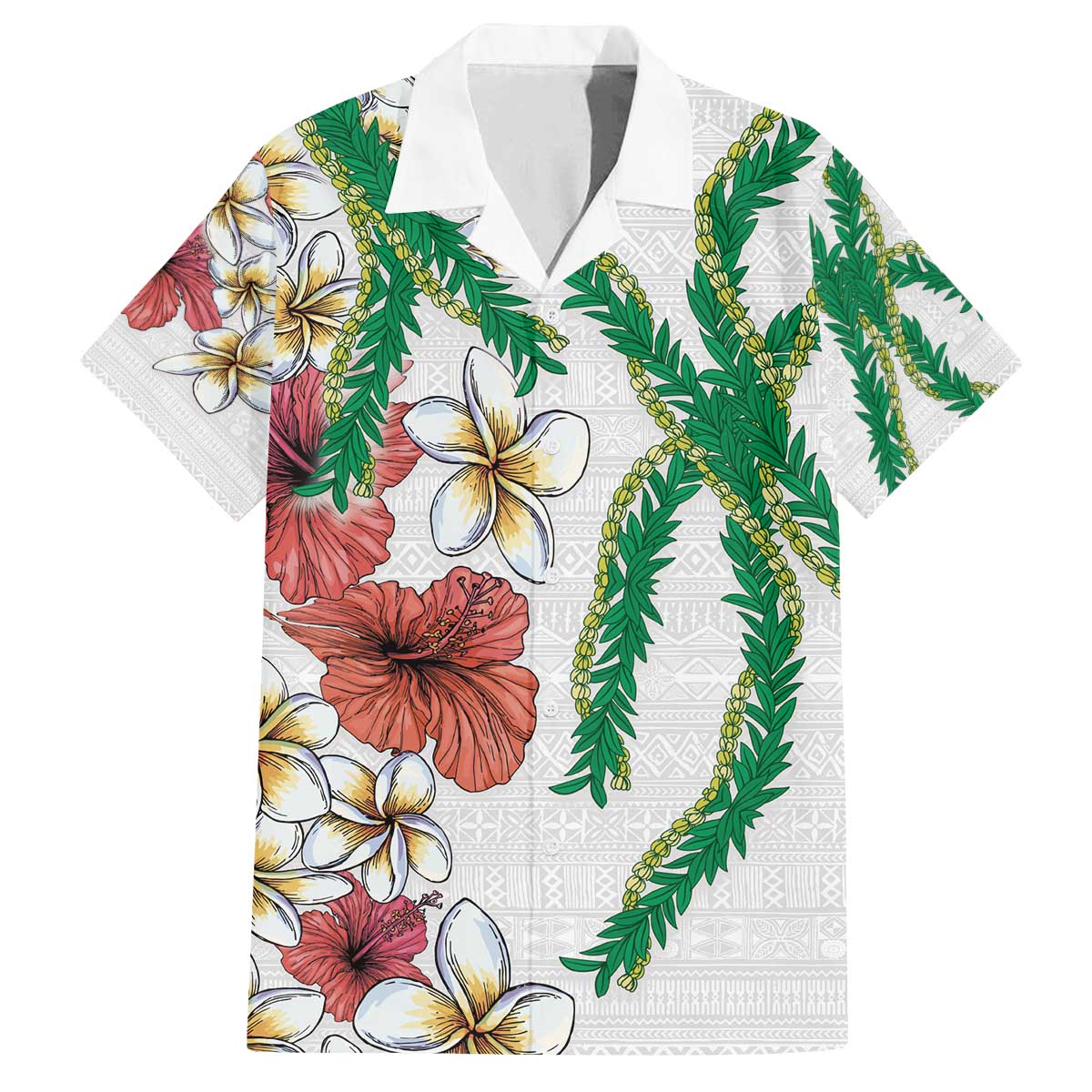 Hawaiian Tropical Flowers and Maile Pikake Family Matching Off The Shoulder Long Sleeve Dress and Hawaiian Shirt Polynesian Tribal Pattern White Color LT03 Dad's Shirt - Short Sleeve White - Polynesian Pride