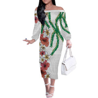 Hawaiian Tropical Flowers and Maile Pikake Family Matching Off The Shoulder Long Sleeve Dress and Hawaiian Shirt Polynesian Tribal Pattern White Color LT03 Mom's Dress White - Polynesian Pride