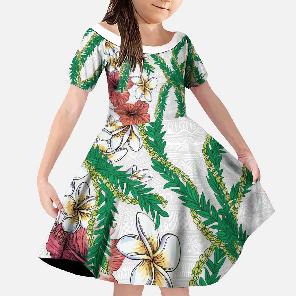 Hawaiian Tropical Flowers and Maile Pikake Family Matching Off Shoulder Maxi Dress and Hawaiian Shirt Polynesian Tribal Pattern White Color LT03 Daughter's Dress White - Polynesian Pride