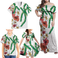 Hawaiian Tropical Flowers and Maile Pikake Family Matching Off Shoulder Maxi Dress and Hawaiian Shirt Polynesian Tribal Pattern White Color LT03 - Polynesian Pride