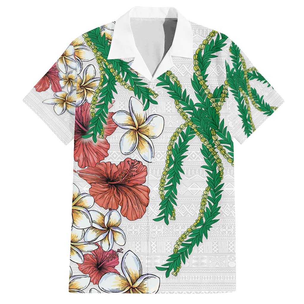 Hawaiian Tropical Flowers and Maile Pikake Family Matching Off Shoulder Maxi Dress and Hawaiian Shirt Polynesian Tribal Pattern White Color LT03 Dad's Shirt - Short Sleeve White - Polynesian Pride