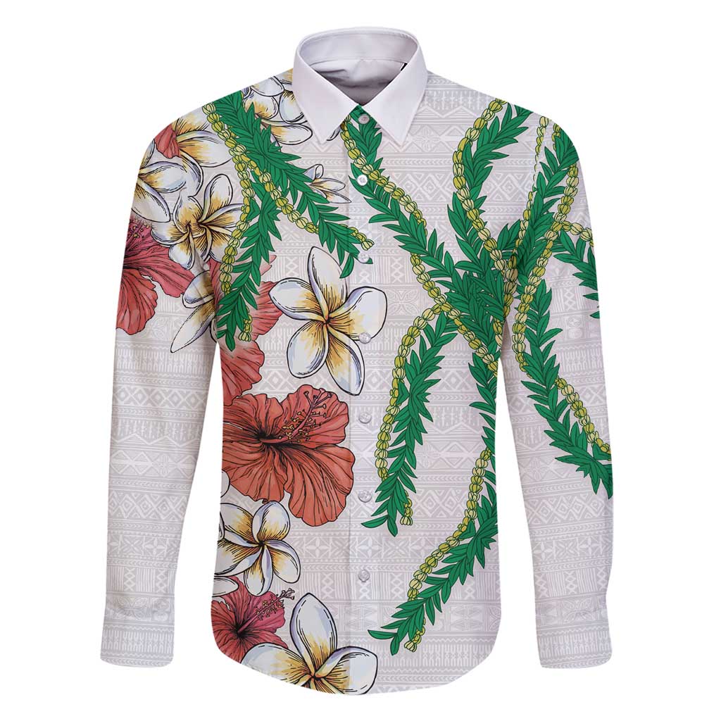 Hawaiian Tropical Flowers and Maile Pikake Family Matching Off Shoulder Maxi Dress and Hawaiian Shirt Polynesian Tribal Pattern White Color LT03 Dad's Shirt - Long Sleeve White - Polynesian Pride
