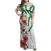 Hawaiian Tropical Flowers and Maile Pikake Family Matching Off Shoulder Maxi Dress and Hawaiian Shirt Polynesian Tribal Pattern White Color LT03 Mom's Dress White - Polynesian Pride