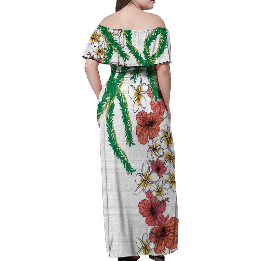 Hawaiian Tropical Flowers and Maile Pikake Family Matching Off Shoulder Maxi Dress and Hawaiian Shirt Polynesian Tribal Pattern White Color LT03 - Polynesian Pride