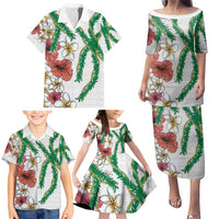Hawaiian Tropical Flowers and Maile Pikake Family Matching Puletasi and Hawaiian Shirt Polynesian Tribal Pattern White Color LT03 - Polynesian Pride