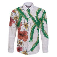 Hawaiian Tropical Flowers and Maile Pikake Family Matching Puletasi and Hawaiian Shirt Polynesian Tribal Pattern White Color LT03 Dad's Shirt - Long Sleeve White - Polynesian Pride