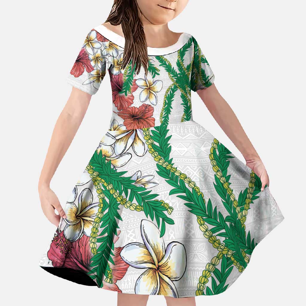 Hawaiian Tropical Flowers and Maile Pikake Family Matching Short Sleeve Bodycon Dress and Hawaiian Shirt Polynesian Tribal Pattern White Color