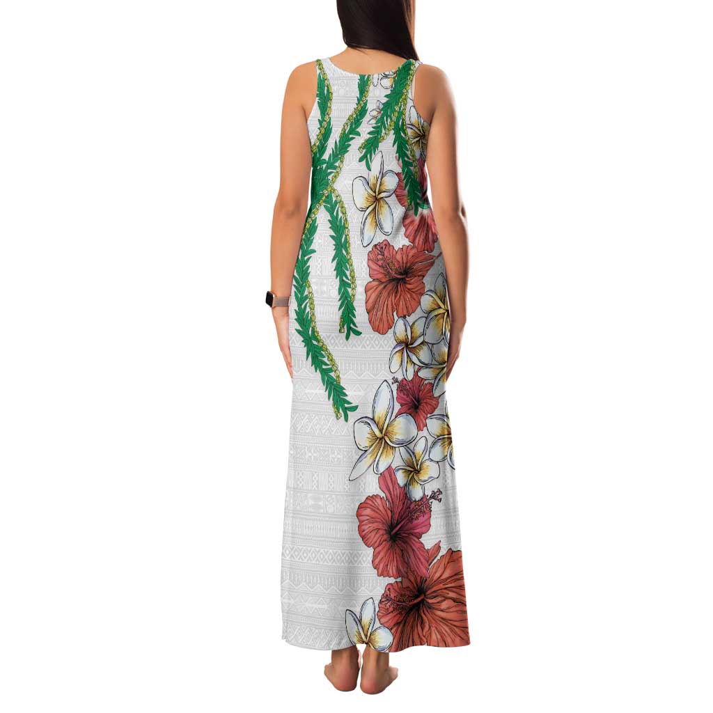 Hawaiian Tropical Flowers and Maile Pikake Family Matching Tank Maxi Dress and Hawaiian Shirt Polynesian Tribal Pattern White Color