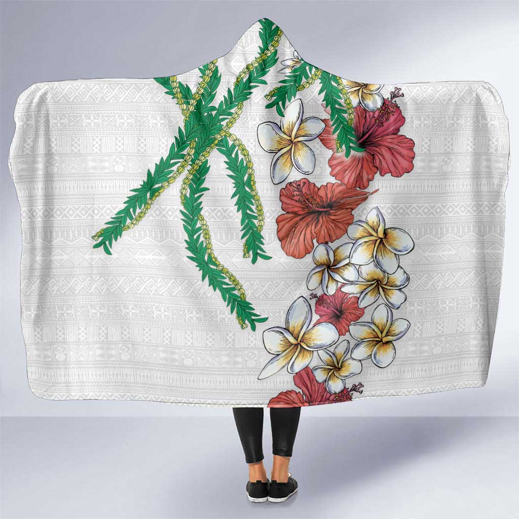 Hawaiian Tropical Flowers and Maile Pikake Hooded Blanket Polynesian Tribal Pattern White Color LT03 One Size White - Polynesian Pride
