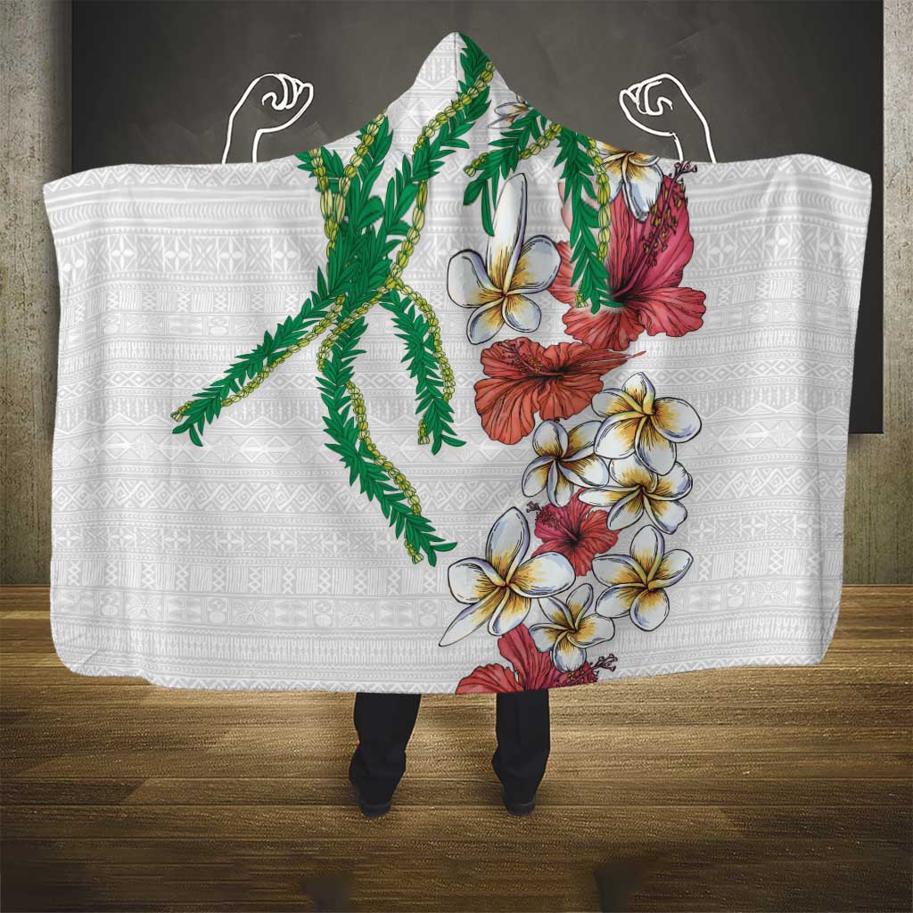 Hawaiian Tropical Flowers and Maile Pikake Hooded Blanket Polynesian Tribal Pattern White Color LT03 - Polynesian Pride