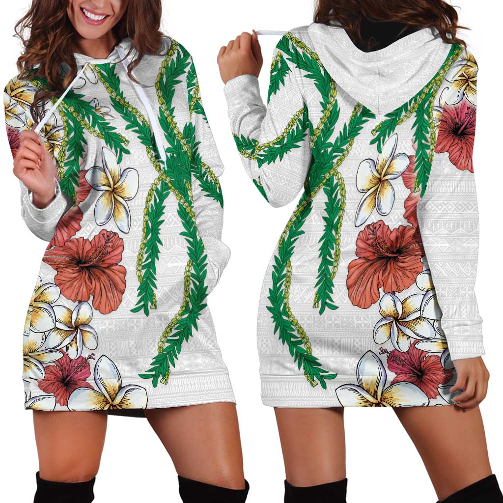 Hawaiian Tropical Flowers and Maile Pikake Hoodie Dress Polynesian Tribal Pattern White Color LT03 - Polynesian Pride