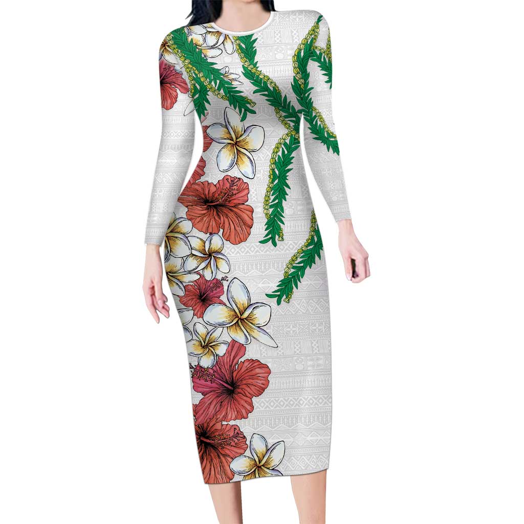 Hawaiian Tropical Flowers and Maile Pikake Long Sleeve Bodycon Dress Polynesian Tribal Pattern White Color LT03 Long Dress White - Polynesian Pride