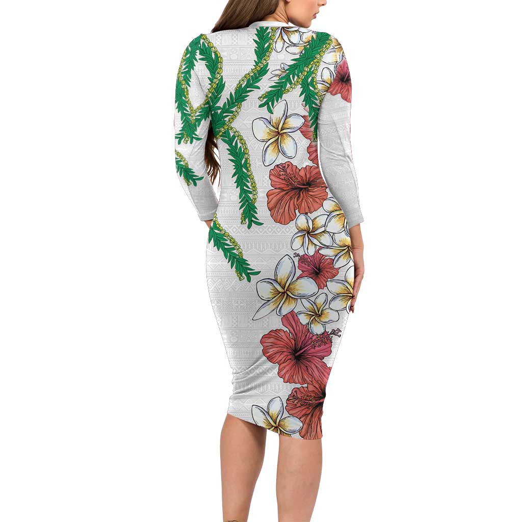 Hawaiian Tropical Flowers and Maile Pikake Long Sleeve Bodycon Dress Polynesian Tribal Pattern White Color LT03 - Polynesian Pride