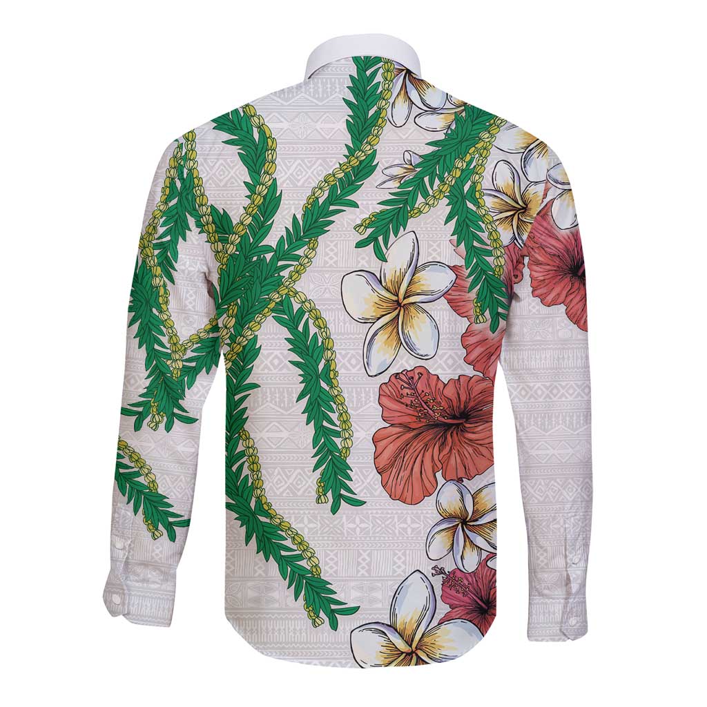 Hawaiian Tropical Flowers and Maile Pikake Long Sleeve Button Shirt Polynesian Tribal Pattern White Color