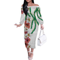 Hawaiian Tropical Flowers and Maile Pikake Off The Shoulder Long Sleeve Dress Polynesian Tribal Pattern White Color LT03 Women White - Polynesian Pride