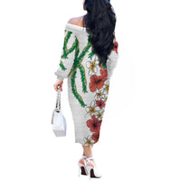 Hawaiian Tropical Flowers and Maile Pikake Off The Shoulder Long Sleeve Dress Polynesian Tribal Pattern White Color LT03 - Polynesian Pride