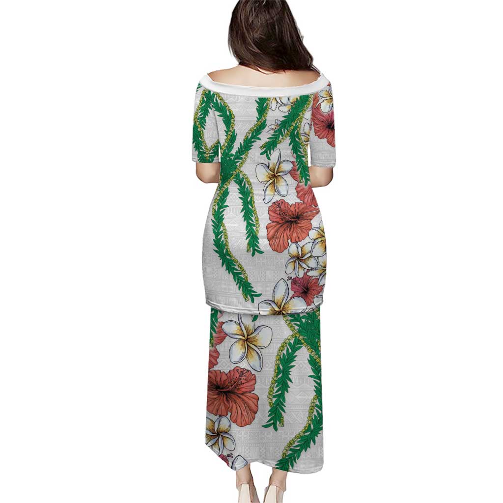 Hawaiian Tropical Flowers and Maile Pikake Puletasi Polynesian Tribal Pattern White Color LT03 - Polynesian Pride