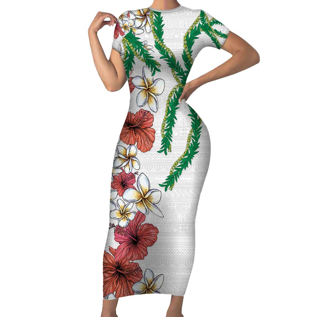 Hawaiian Tropical Flowers and Maile Pikake Short Sleeve Bodycon Dress Polynesian Tribal Pattern White Color LT03 Long Dress White - Polynesian Pride
