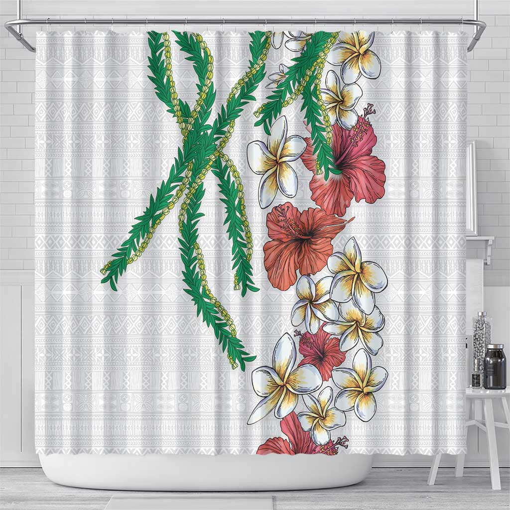Hawaiian Tropical Flowers and Maile Pikake Shower Curtain Polynesian Tribal Pattern White Color LT03 - Polynesian Pride