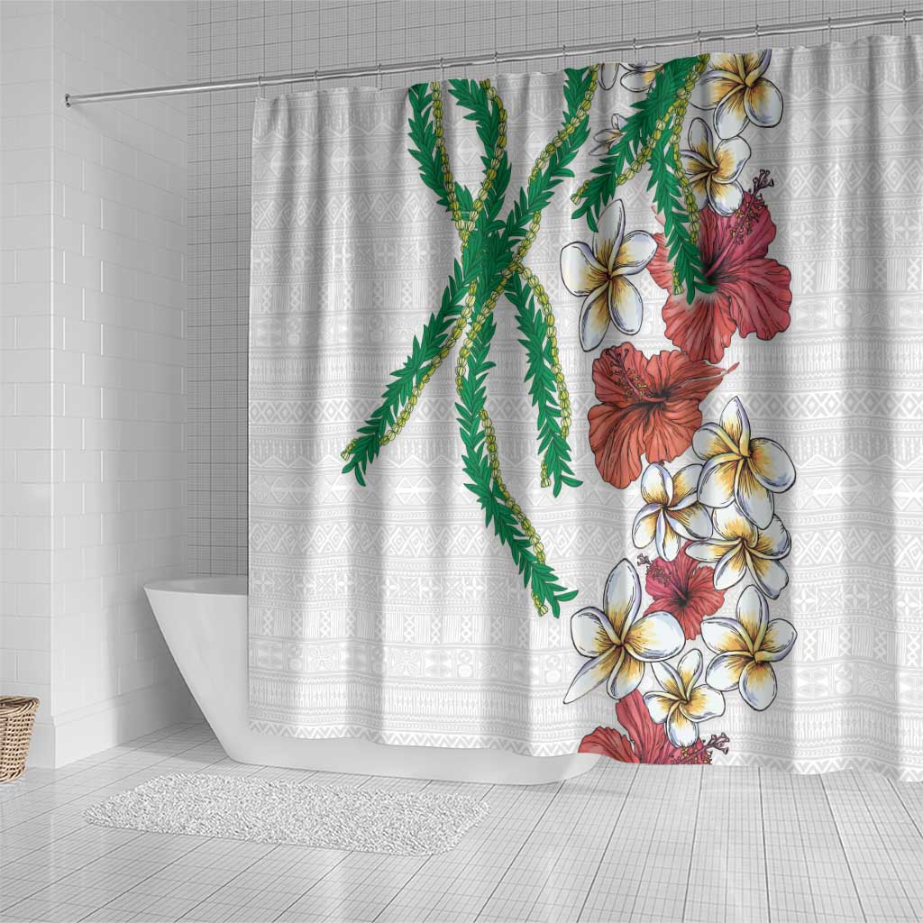 Hawaiian Tropical Flowers and Maile Pikake Shower Curtain Polynesian Tribal Pattern White Color LT03 - Polynesian Pride