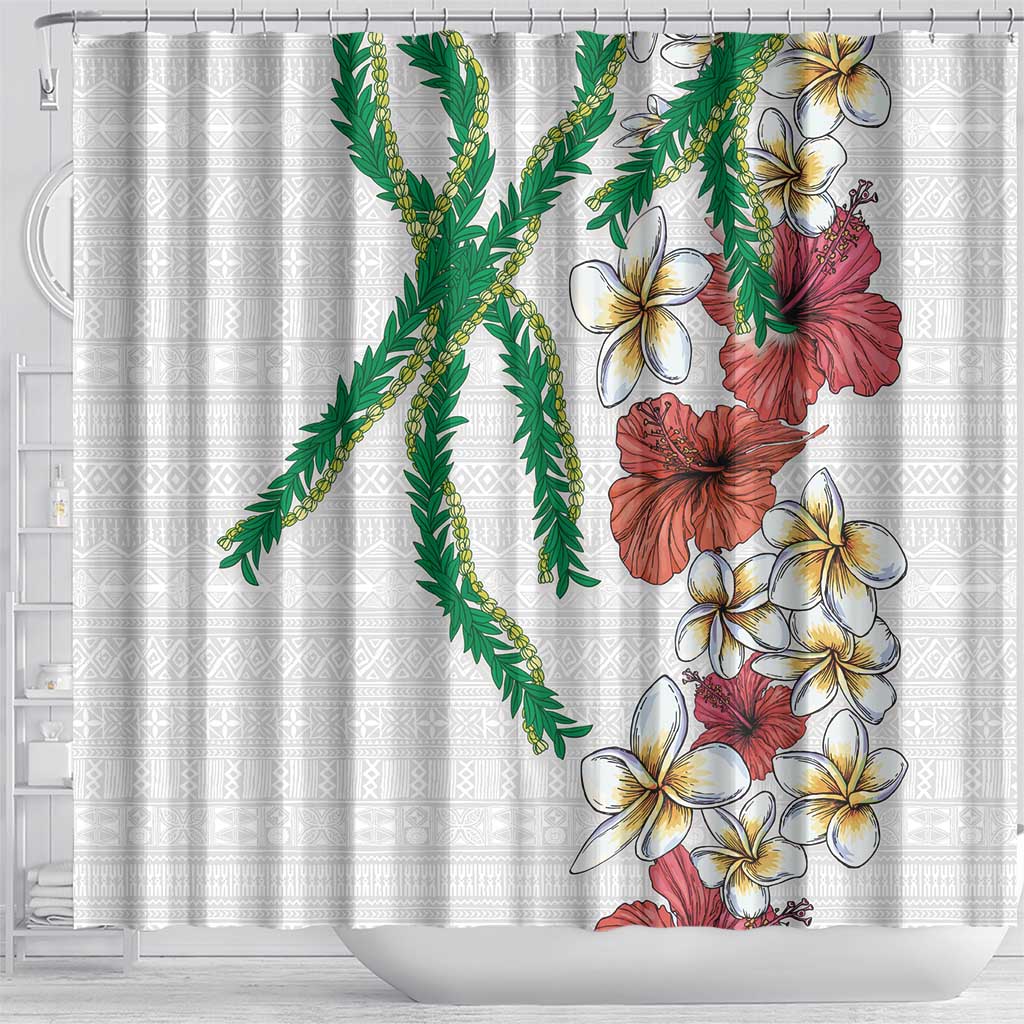 Hawaiian Tropical Flowers and Maile Pikake Shower Curtain Polynesian Tribal Pattern White Color LT03 - Polynesian Pride