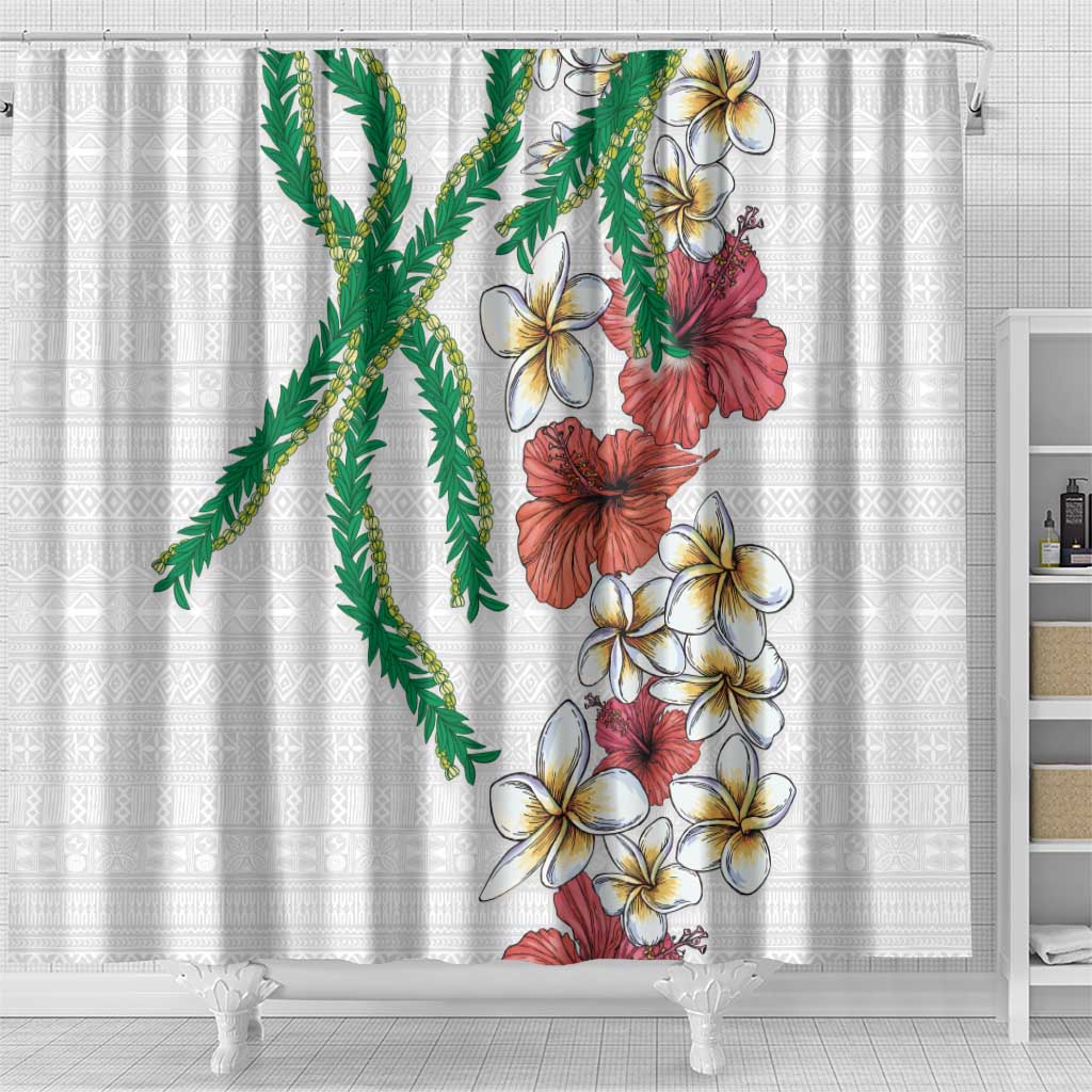 Hawaiian Tropical Flowers and Maile Pikake Shower Curtain Polynesian Tribal Pattern White Color LT03 - Polynesian Pride