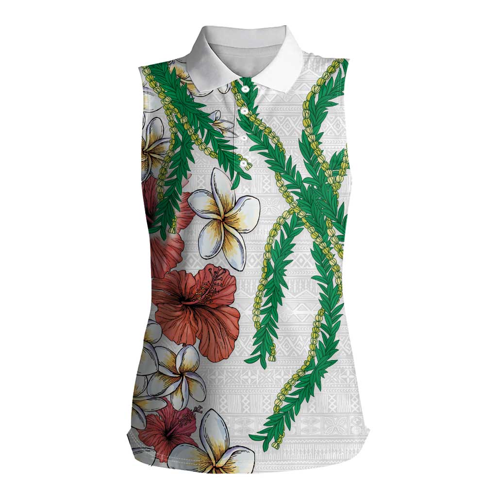 Hawaiian Tropical Flowers and Maile Pikake Women Sleeveless Polo Shirt Polynesian Tribal Pattern White Color LT03 Female White - Polynesian Pride