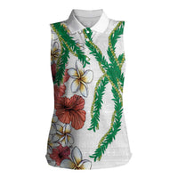 Hawaiian Tropical Flowers and Maile Pikake Women Sleeveless Polo Shirt Polynesian Tribal Pattern White Color LT03 Female White - Polynesian Pride