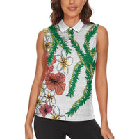 Hawaiian Tropical Flowers and Maile Pikake Women Sleeveless Polo Shirt Polynesian Tribal Pattern White Color LT03 - Polynesian Pride