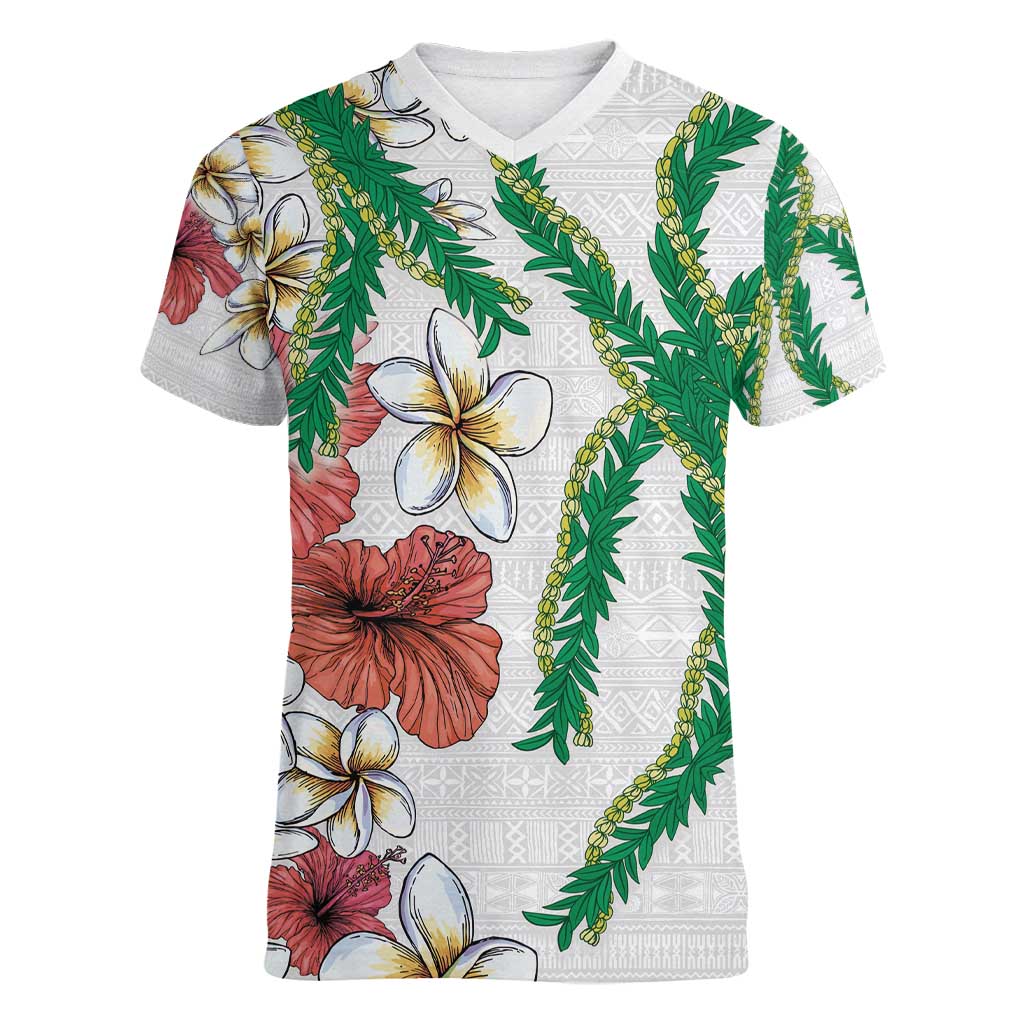 Hawaiian Tropical Flowers and Maile Pikake Women V-Neck T-Shirt Polynesian Tribal Pattern White Color LT03 Female White - Polynesian Pride