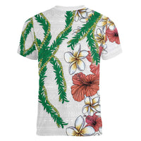 Hawaiian Tropical Flowers and Maile Pikake Women V-Neck T-Shirt Polynesian Tribal Pattern White Color LT03 - Polynesian Pride