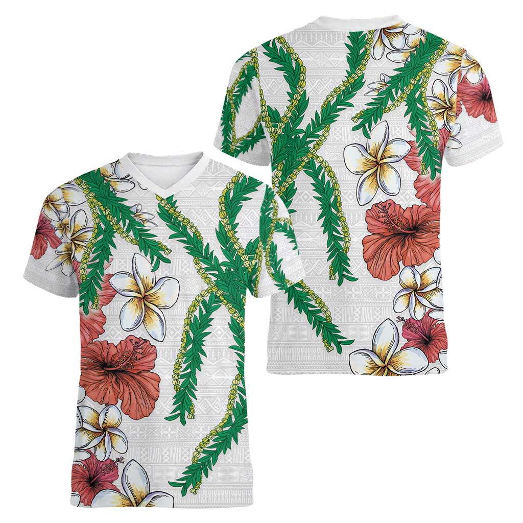Hawaiian Tropical Flowers and Maile Pikake Women V-Neck T-Shirt Polynesian Tribal Pattern White Color LT03 - Polynesian Pride
