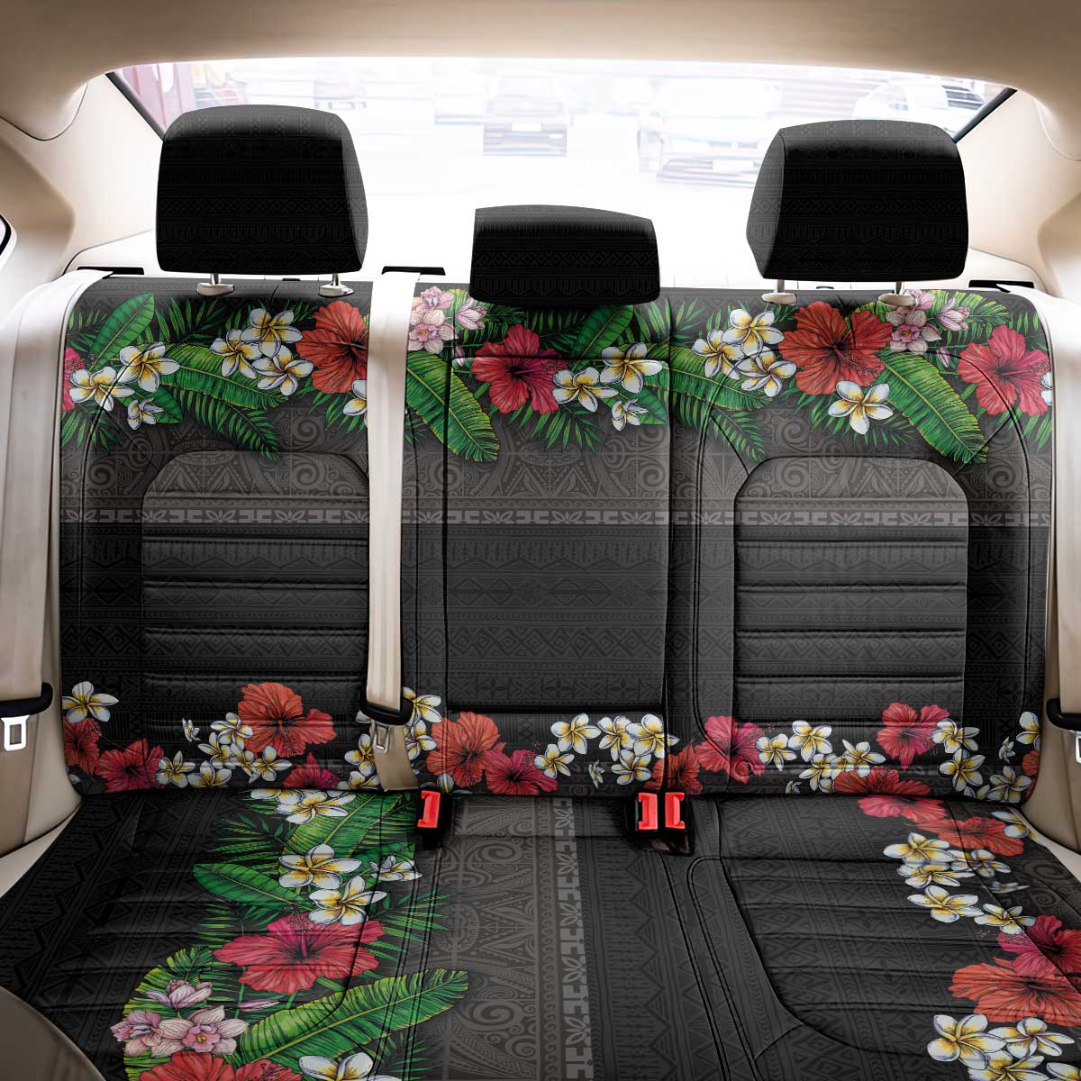 Hawaiian Tropical Flowers and Tribal Polynesian Tattoo Back Car Seat Cover Black Color LT03 - Polynesian Pride
