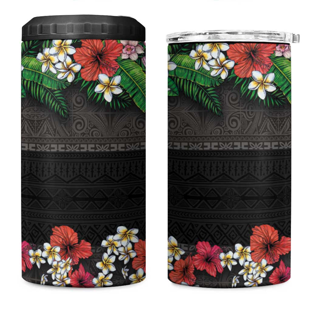 Hawaiian Tropical Flowers and Tribal Polynesian Tattoo 4 in 1 Can Cooler Tumbler Black Color LT03 One Size: 16 oz Black - Polynesian Pride