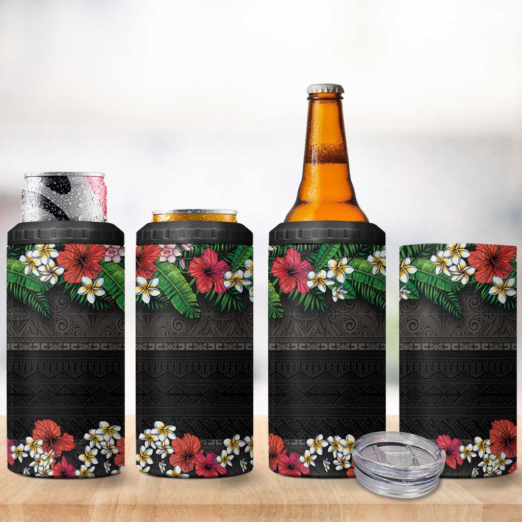 Hawaiian Tropical Flowers and Tribal Polynesian Tattoo 4 in 1 Can Cooler Tumbler Black Color LT03 - Polynesian Pride