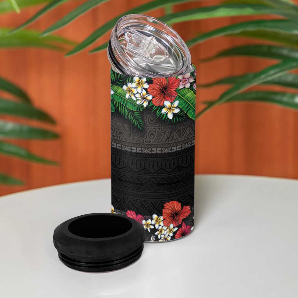 Hawaiian Tropical Flowers and Tribal Polynesian Tattoo 4 in 1 Can Cooler Tumbler Black Color LT03 - Polynesian Pride