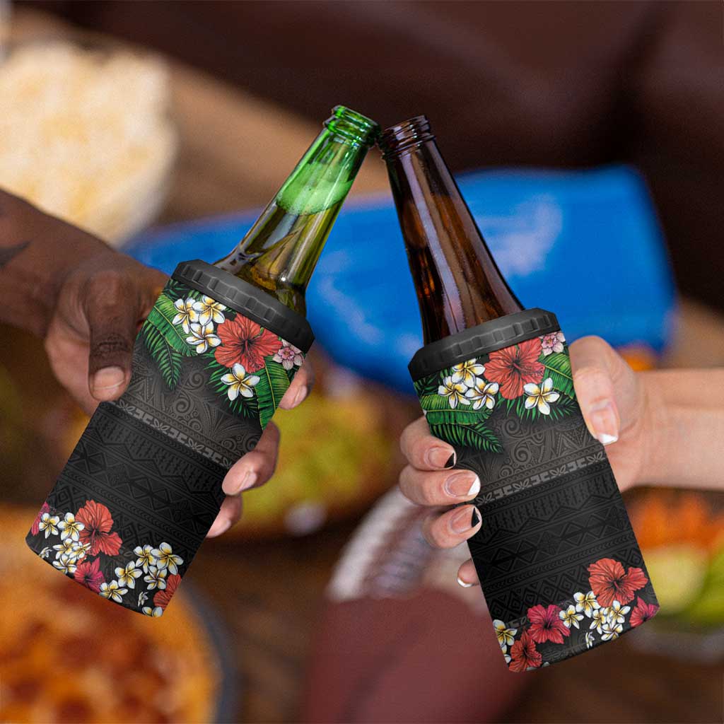 Hawaiian Tropical Flowers and Tribal Polynesian Tattoo 4 in 1 Can Cooler Tumbler Black Color LT03 - Polynesian Pride